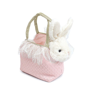 Mon Ami Bunny & Tote Set Pink textured handbag with a lace top and a plush white bunny inside on a white background