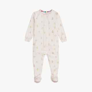 Magnetic Me Pink Baby Beats Modal Footie Baby onesie with a floral pattern on a white background