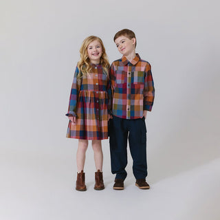 Blue Rooster Boys Jack Shirt - Harvest Check
Two children wearing matching plaid outfits on a plain background