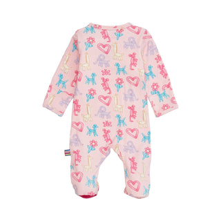 Magnetic Me Pink Party Animals Glow In The Dark Mod Footie
Baby onesie with colorful patterns on a white background