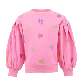 Lola and The Boys Hot Pink Sparkle Hearts Skirt Set
Pink sweatshirt with heart patterns on a white background