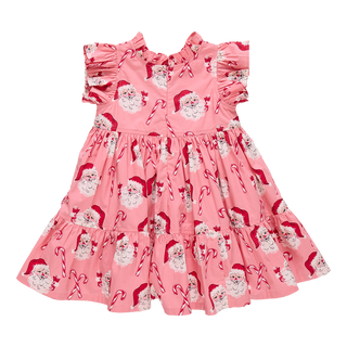 Pink Chicken Girls Jennifer Dress - Pink Candy Cane Santa
Pink dress with Santa Claus and candy cane pattern on a white background