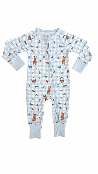 In My Jammers Blue Gingham Bunny Zipper Romper