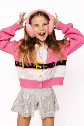 Princess of Sparkles Queen of Sparkles KIDS Pink Santa's Coat Cardigan
 Young girl wearing a pink jacket with a white lace top and silver skirt, posing against a white background.