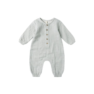 Quincy Mae Woven Jumpsuit - Blue Gingham
Checkered baby onesie with buttons on a white background