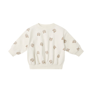 Quincy Mae Relaxed Sweatshirt & Relaxed Sweatpant Set - Brown Bear 
White sweater with decorative elements on a white background