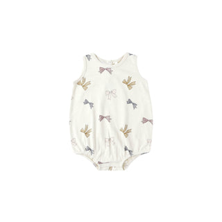 Rylee & Cru Bubble Onesie - Bows Baby romper with bow pattern on a white background