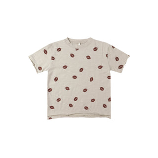 Rylee & Cru Raw Edge Tee - Footballs Beige t-shirt with brown pattern on a white background