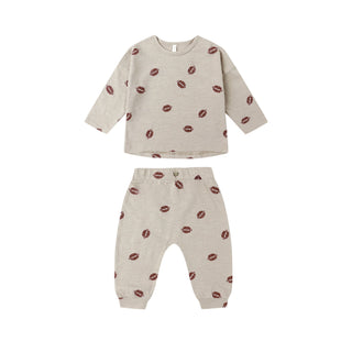 Rylee & Cru Tee + Pant Set - Footballs Children's outfit with long-sleeve top and pants featuring a pattern on a white background