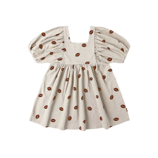 Rylee & Cru Brea Dress - Footballs Beige dress with brown pattern on a white background