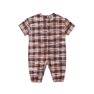 Rylee & Cru Hayes Jumpsuit - Burgundy Plaid Plaid baby romper on a white background