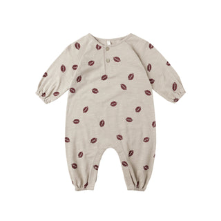 Rylee & Cru Henley Jumpsuit - Footballs Baby onesie with red pattern on a white background