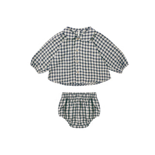 Rylee & Cru Nellie Set - Navy Check Navy and white checkered baby outfit with top and bloomers on a white background
