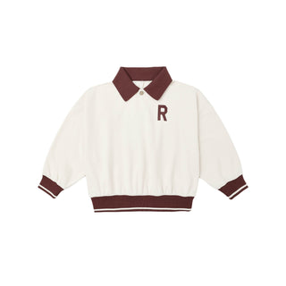 Rylee & Cru Collared Sweatshirt - Natural White sweater with maroon accents and a letter 'R' on a white background