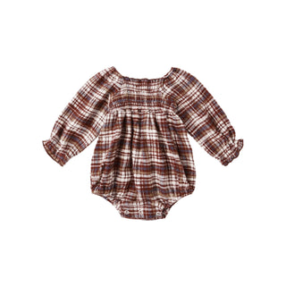 Rylee & Cru Adelaide Romper - Burgundy Plaid Plaid baby romper with long sleeves on a white background
