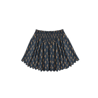 Rylee & Cru Smocked V Mini Skirt - Vintage Bloom Blue pleated skirt with a subtle pattern on a white background