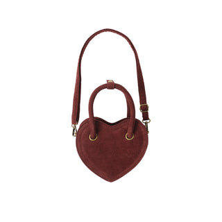 Rylee & Cru Heart Purse - Burgundy Heart-shaped handbag with a strap on a white background