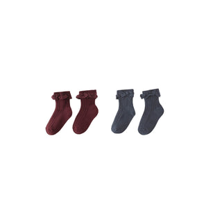 Rylee & Cru Lace Trim Socks 2 Pack - Burgundy / Navy Two pairs of maroon socks and two pairs of gray socks on a white background