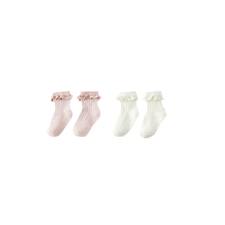 Rylee & Cru Lace Trim Socks 2 Pack - Blush / Ivory Set of four pairs of socks in pink and white on a white background