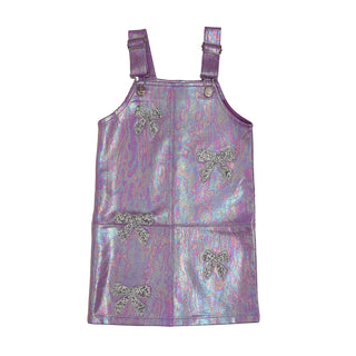 MIA New York Rhinestone Bow Overall Dress - Iridescent Purple Purple iridescent pinafore dress with butterfly designs on a white background