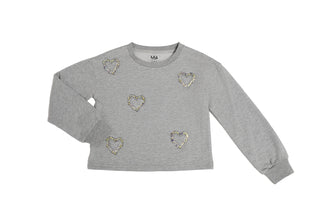 MIA New York Rhinestone Gem Heart Sweatshirt - Gray Gray long-sleeve shirt with heart-shaped embellishments on a white background