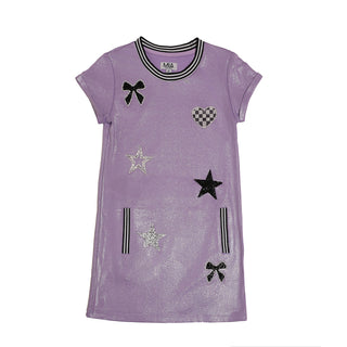 MIA New York Icon Dress - Purple Purple dress with black star and bow patterns on a white background