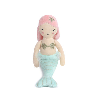 Mon Ami Plush Rattle - Mermaid Mermaid doll with pink hair and turquoise tail on a white background
