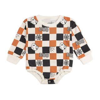Sweet Wink Boo Checkered Halloween Long Sleeve Romper - Natural Halloween-themed checkered baby onesie with ghosts, spiders, and 'BOO' text on a white background.