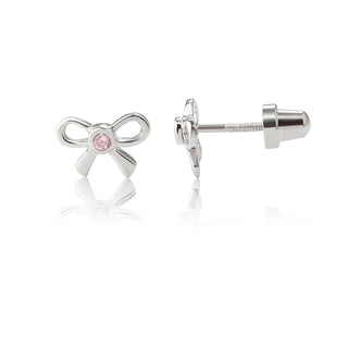 Cherished Moments Sterling Silver Bow Earrings with Pink CZs with Screw Backs
Silver bow-shaped earrings with a pink gemstone on a white background