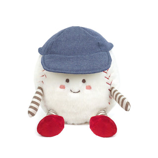 Mon Ami Buddy Baseball Plush toy with a blue cap, white body, red shoes, and striped sleeves on a white background