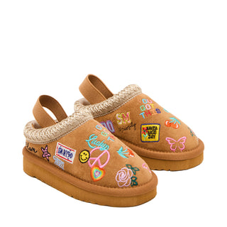 Steve Madden Toddler Selenae Cogna Mule
Brown slippers with colorful designs and text on a white background