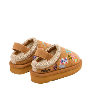 Steve Madden Toddler Selenae Cogna Mule
Pair of brown children's sandals with colorful patches on a white background