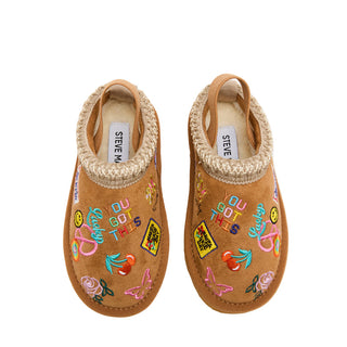 Steve Madden Toddler Selenae Cogna Mule
Pair of tan shoes with colorful embellishments on a white background
