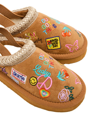 Steve Madden Toddler Selenae Cogna Mule
Brown slippers with colorful patches and embroidery on a white background