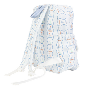 Small Apple of My Isla The Backpack - Sailboats Drawstring bag with sailboat pattern on a white background