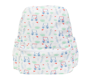 Large Apple of My Isla The Backpack - Golf Children's backpack with vehicle pattern on a white background