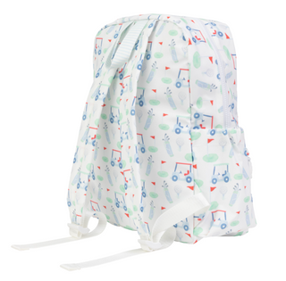 Large Apple of My Isla The Backpack - Golf White drawstring bag with colorful patterns on a white background