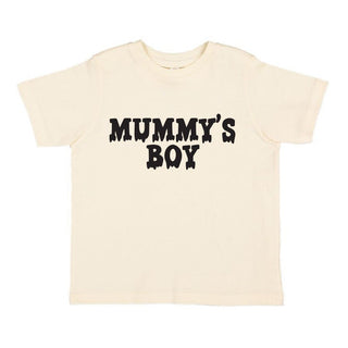 Sweet Wink Mummy's Boy Halloween Short Sleeve T-Shirt - Natural Beige t-shirt with 'MUMMY'S BOY' text on a white background
