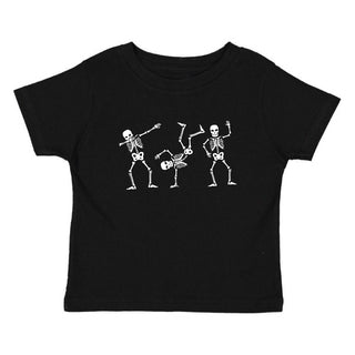 Sweet Wink Silly Skelly Glow In The Dark Halloween Short Sleeve T-Shirt - Black Black t-shirt with white skeleton design on a white background