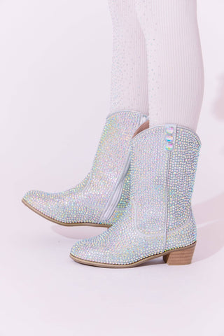 Lola and The Boys Silver Crystal Cowgirl Boots
Silver rhinestone boots on a light pink background