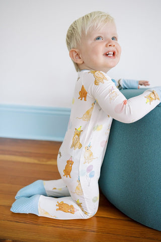 The Uptown Baby Convertible Zip Romper - Blue Dog Party