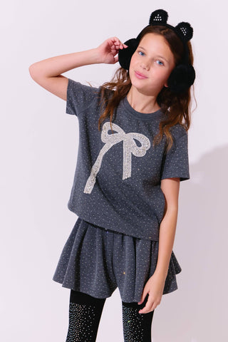 Lola and The Boys Sparkle Bow Charm Skirt Set Young girl wearing a dark gray outfit with a bow design on a white background