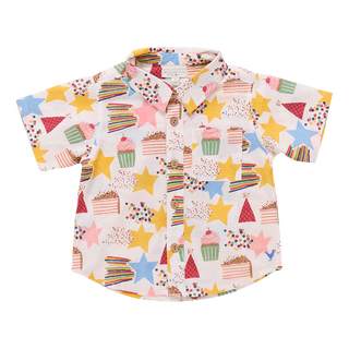 Blue Rooster Baby Boys Jack Shirt - Birthday Star Colorful children's shirt with star and cake pattern on a white background