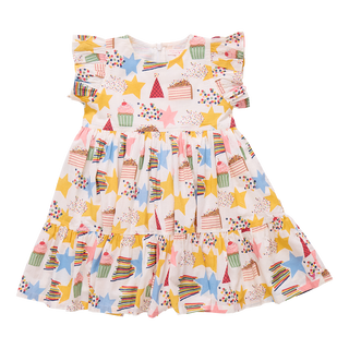Pink Chicken Girls Jennifer Dress - Birthday Star Colorful children's dress with star and cupcake pattern on a white background