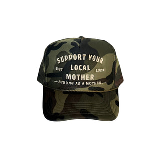 Support Your Local Mother® Trucker Hat - Camo
Camouflage cap with text 'Support Your Local Mother' on a white background