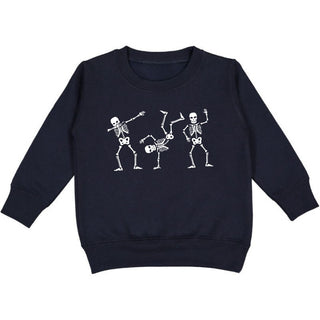 Sweet Wink Silly Skelly Glow In The Dark Halloween Sweatshirt - Black Black sweatshirt with white skeleton designs on a white background