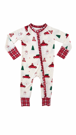 In My Jammers Red Holly Jolly Cruisers Zipper Romper
Children's onesie with Christmas-themed pattern on a white background