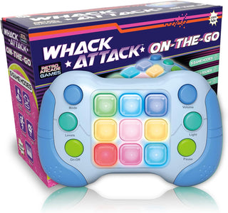 Whack Attack On-The-Go - Flashing Handheld Game
Colorful toy controller with colorful buttons in front of its packaging