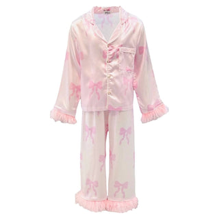 Lola and The Boys Women's Pretty in Bows Silky Set Pink satin pajama set with bow details on a white background