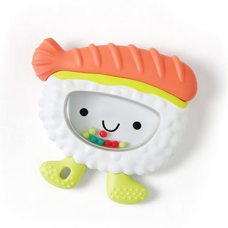Itzy Ritzy Sweetie Shake Plus Teething + Rattle Toy - Sushi Sushi-shaped toy with a smiling face on a white background